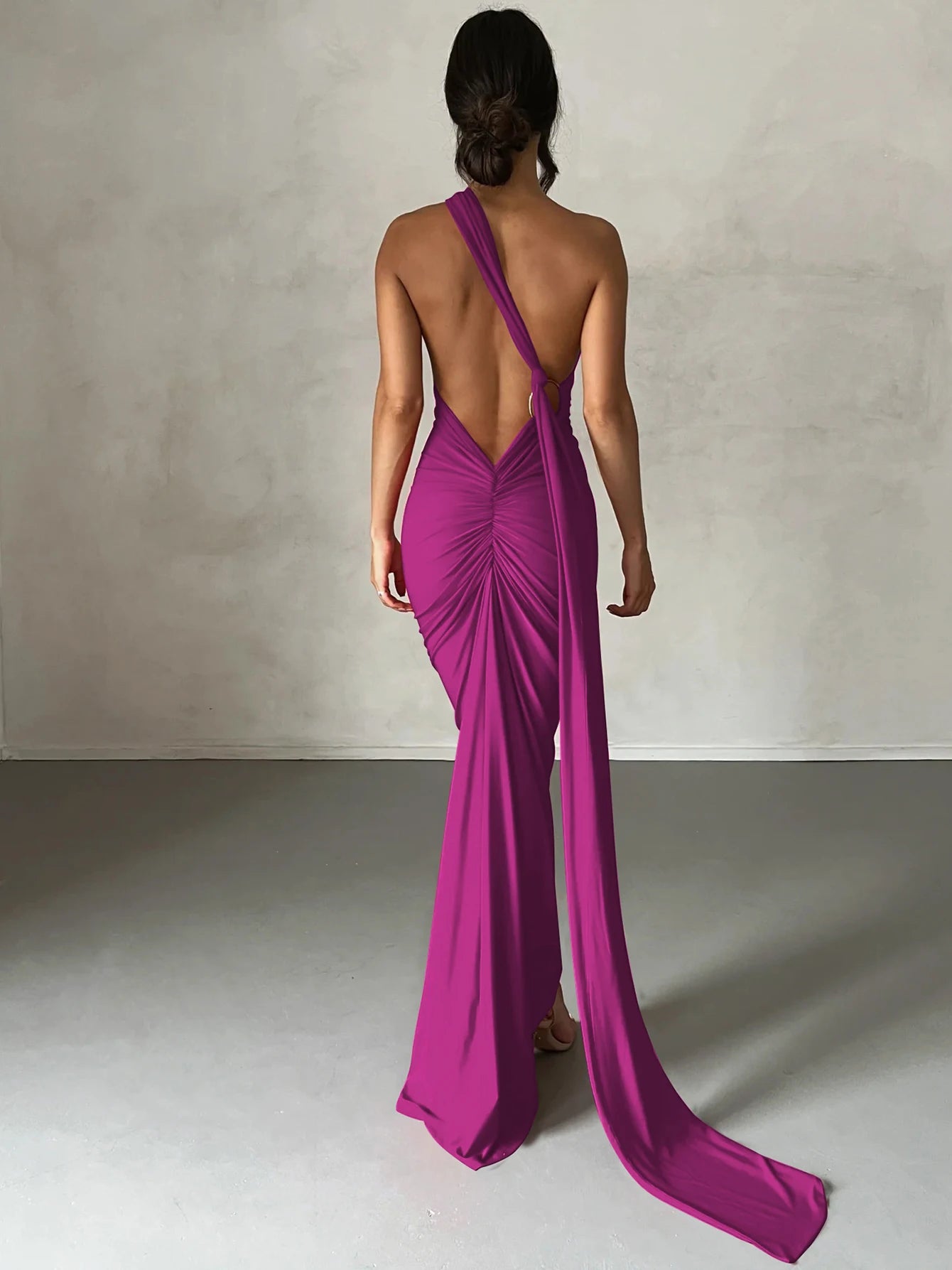 One-Shoulder Ruched Maxi Dress | Backless Scarf Loop Y2K Festival Gown