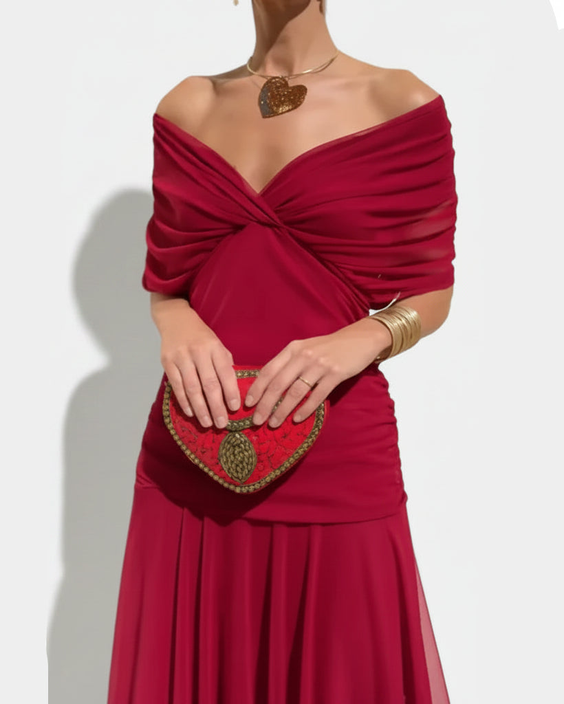 V-Neck Off Shoulder Mesh Print Elegant Midi Dress