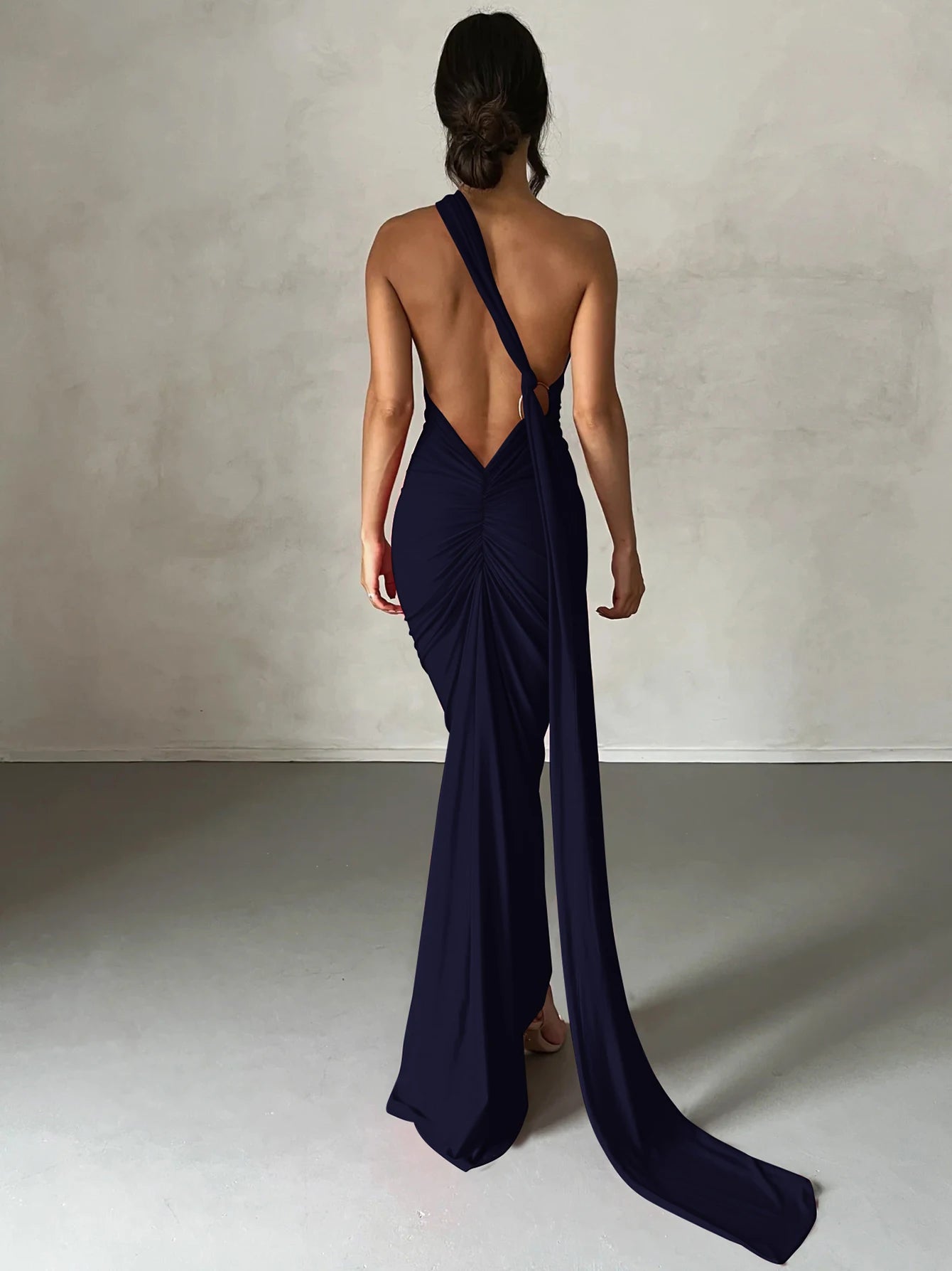 One-Shoulder Ruched Maxi Dress | Backless Scarf Loop Y2K Festival Gown