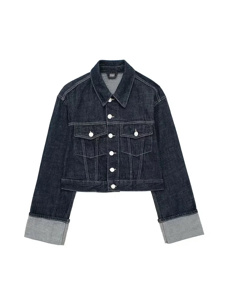 Vintage Lapel Denim Jacket | Single Breasted Long Sleeve with Pockets
