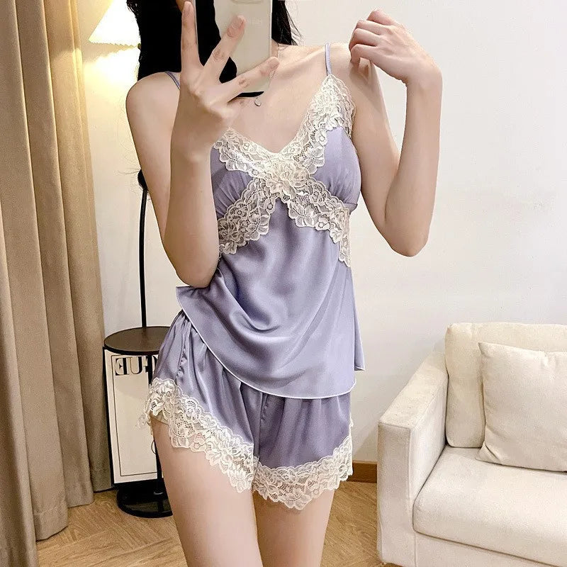 Satin Lace Trim Cami Top & Shorts Pajama Set