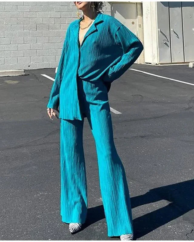 Long Sleeve Shirt & Wide Leg Pants Two-Piece Tracksuit