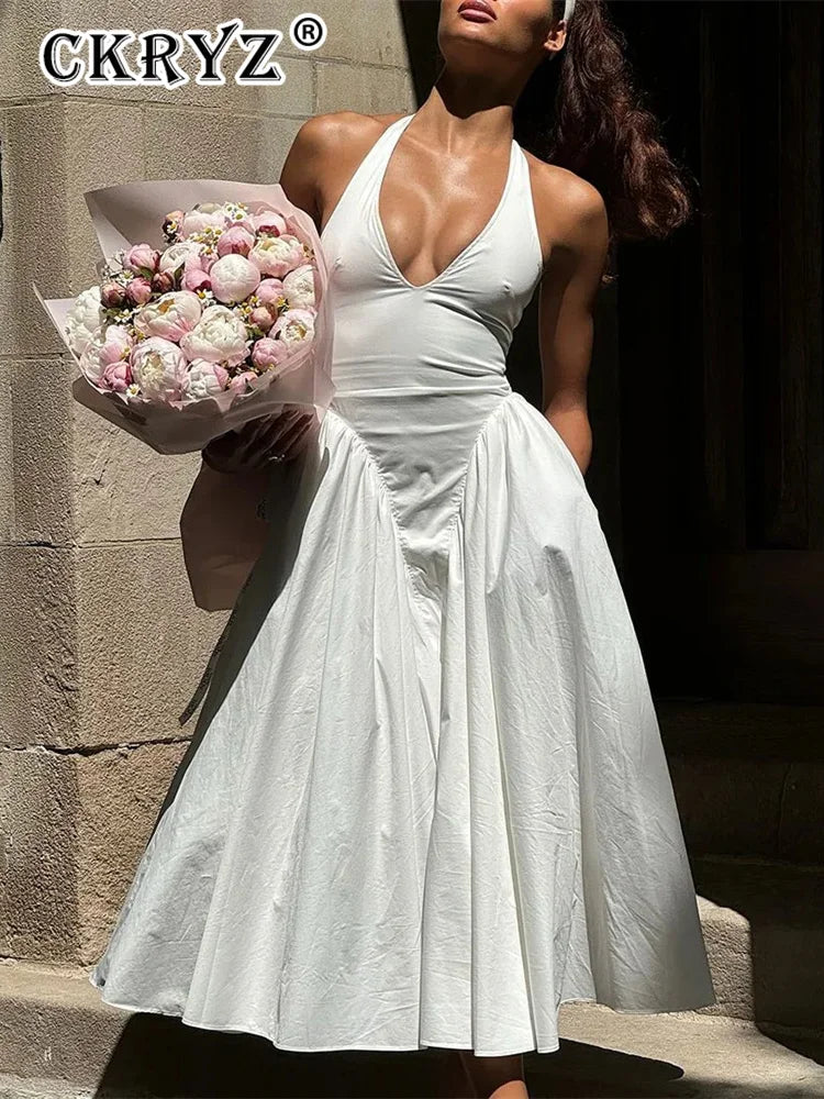 Backless V-Neck Long Dress - Sleeveless Party