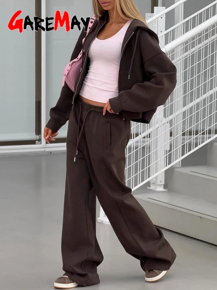 2-Piece Zipper Hoodie Tracksuit Set | Loose Wide Leg Casual Loungewear