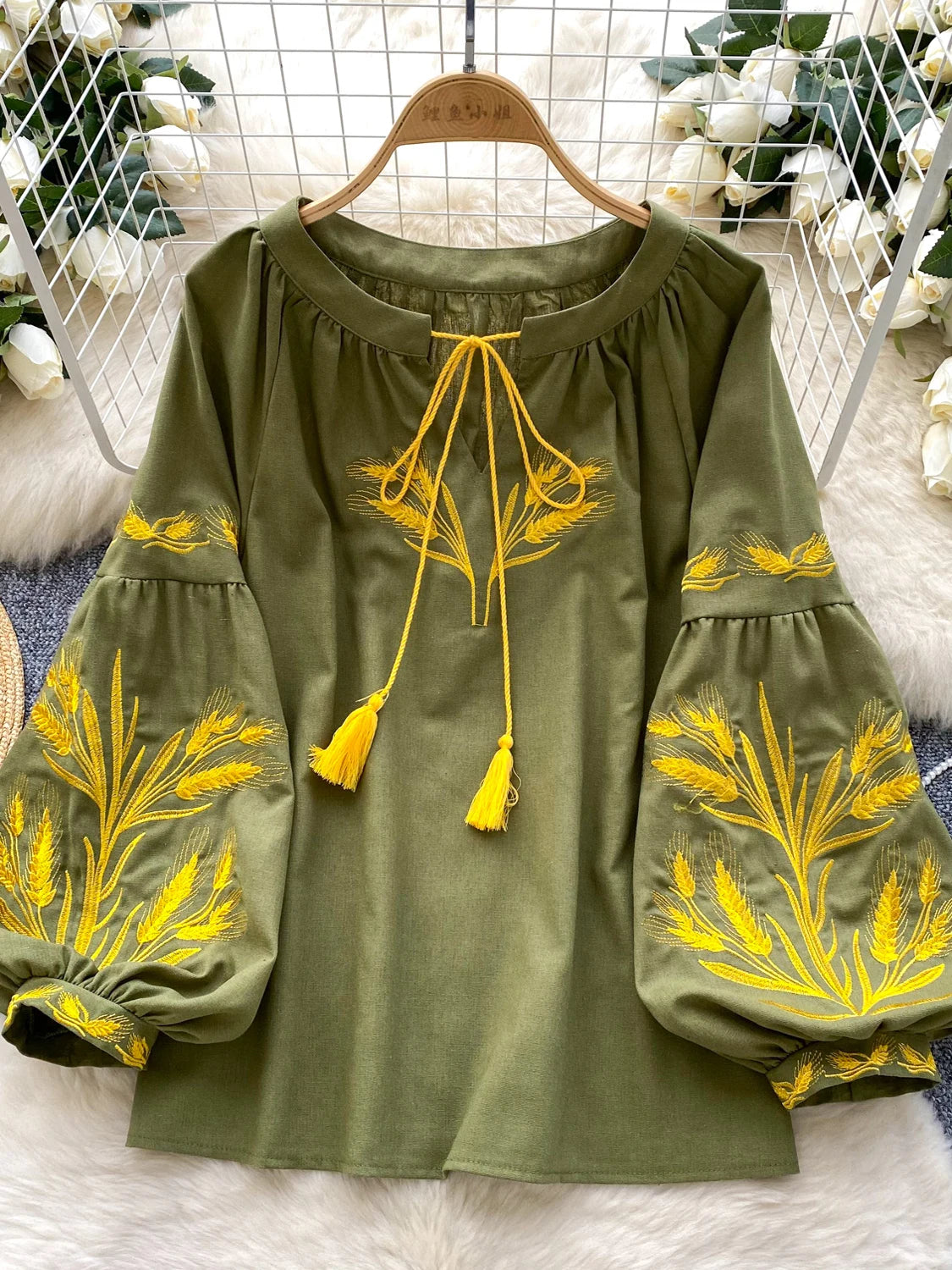 Embroidered Ethnic Lantern Sleeve Top | Retro Belted Boho Blouse