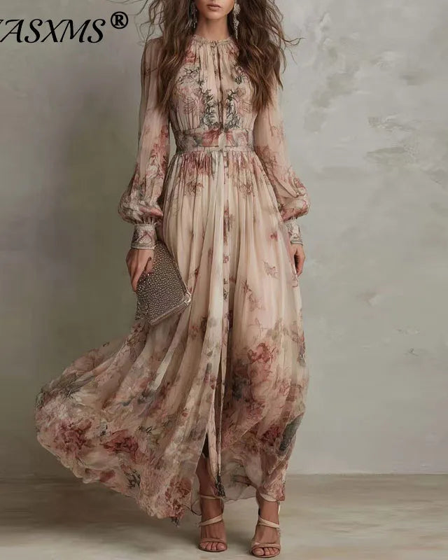 Women's Vintage Floral Print High Waist Pleated Maxi Dress