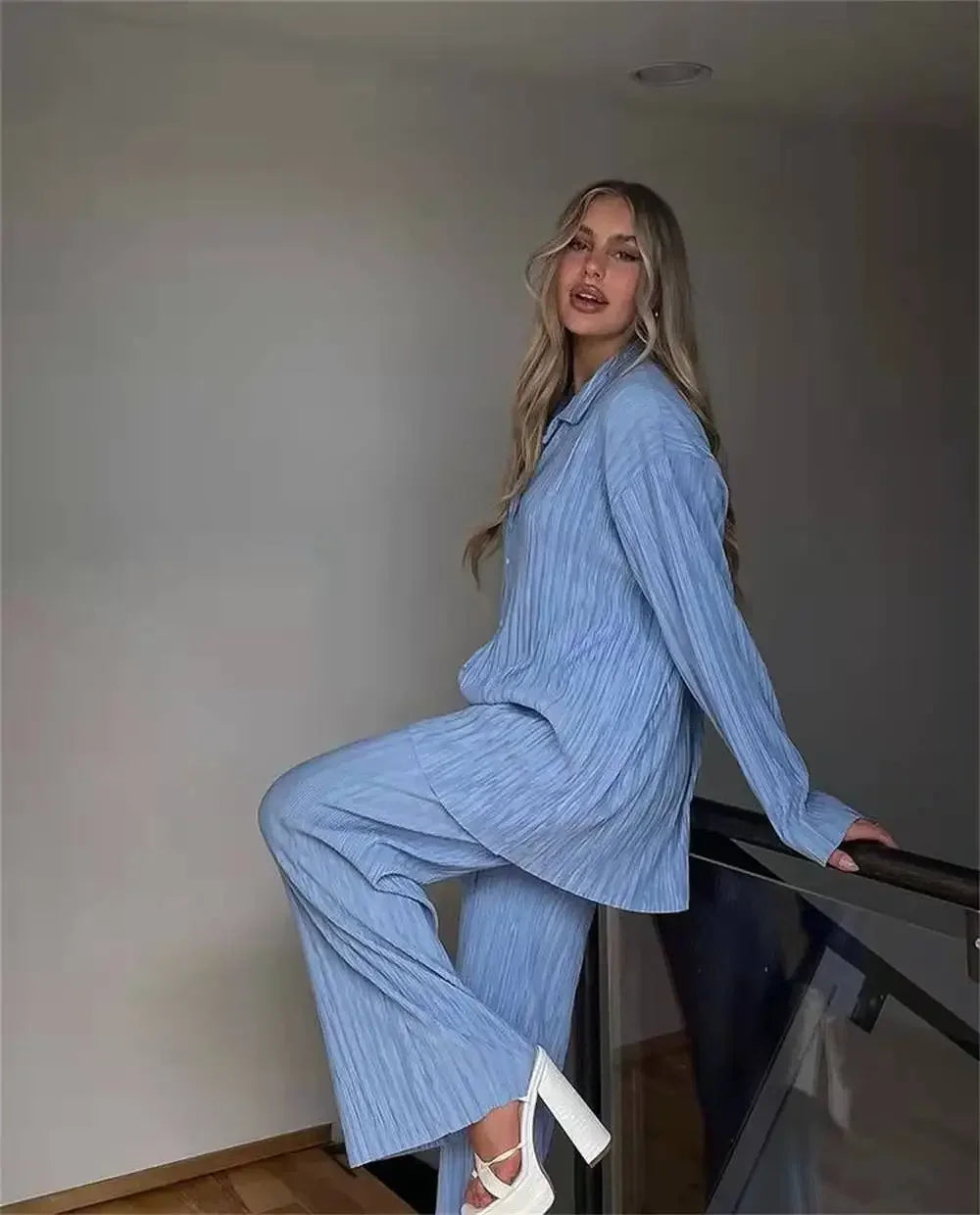 Long Sleeve Shirt & Wide Leg Pants Two-Piece Tracksuit