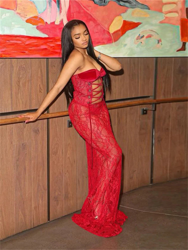 Strapless Lace Bodycon Maxi Dress | Coquette Sheath Evening Gown