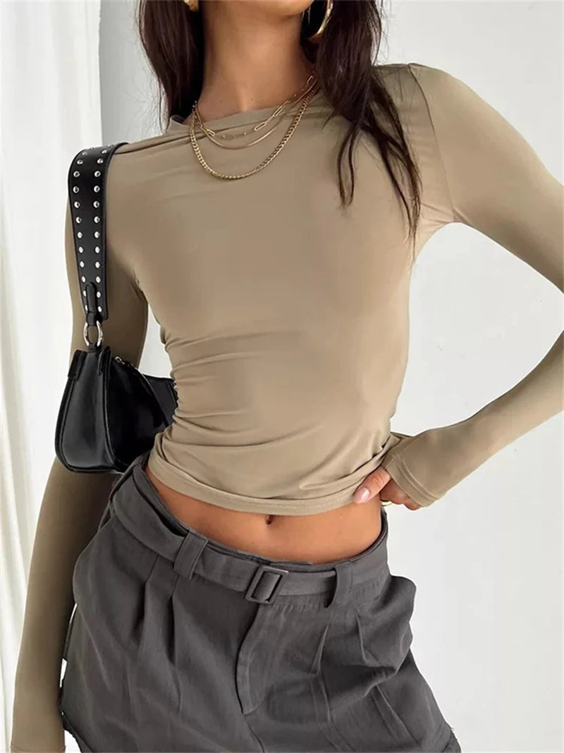 Y2K Long Sleeve Crop Top | O-Neck Skinny Pullover