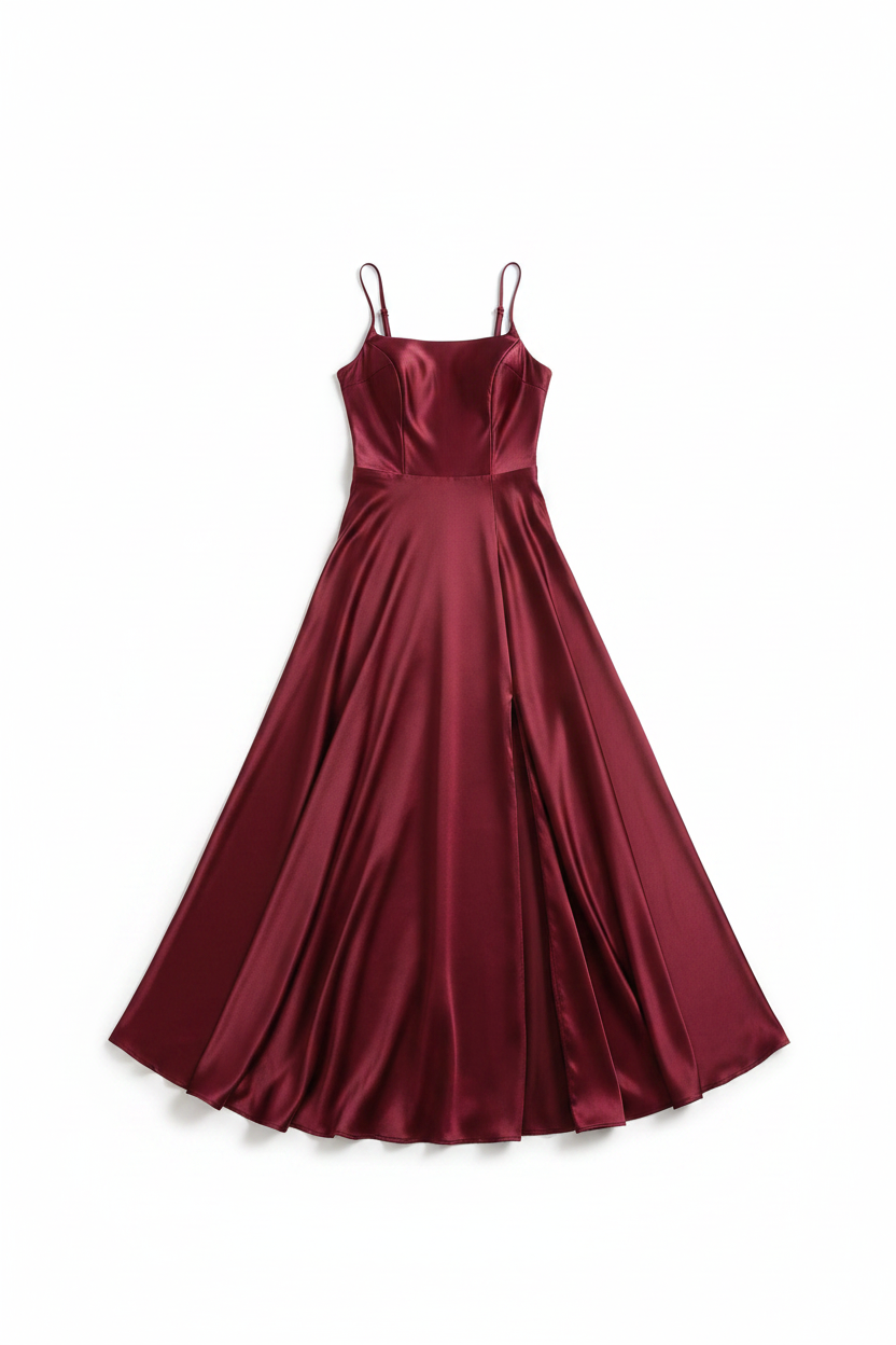 Satin A-Line Maxi Bridesmaid Dress | Side Slit Spaghetti Strap Gown
