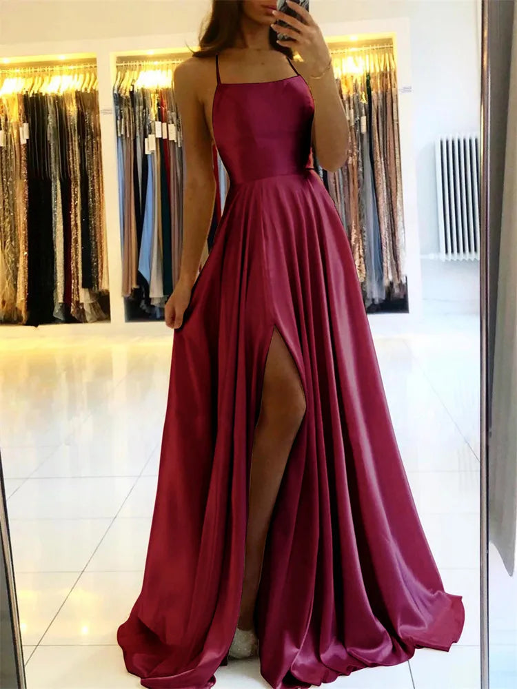 Burgundy Satin Maxi Dress - Side Slit Bridesmaid