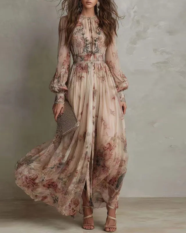 Women's Vintage Floral Print High Waist Pleated Maxi Dress