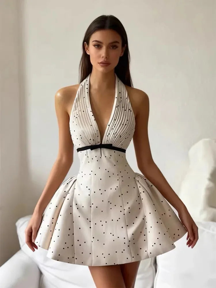 Polka Dot Backless Halter Mini Dress | High Waist V-Neck A-Line Dress