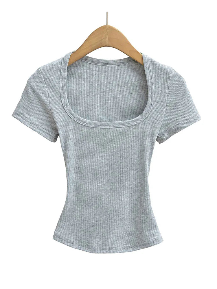 Square Neck Slim Fit Crop Top | High Stretch Short Sleeve Blouse