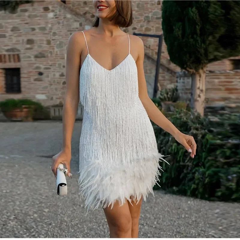 Sequin Feather Mini Dress | Tassel Spaghetti Strap Party Dress