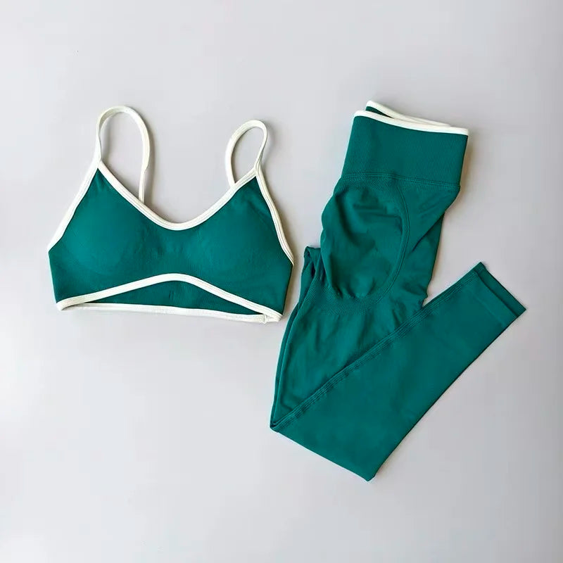 Strappy Contrast Yoga Fitness Suit | Shockproof Quick-Dry Nude Feel Set