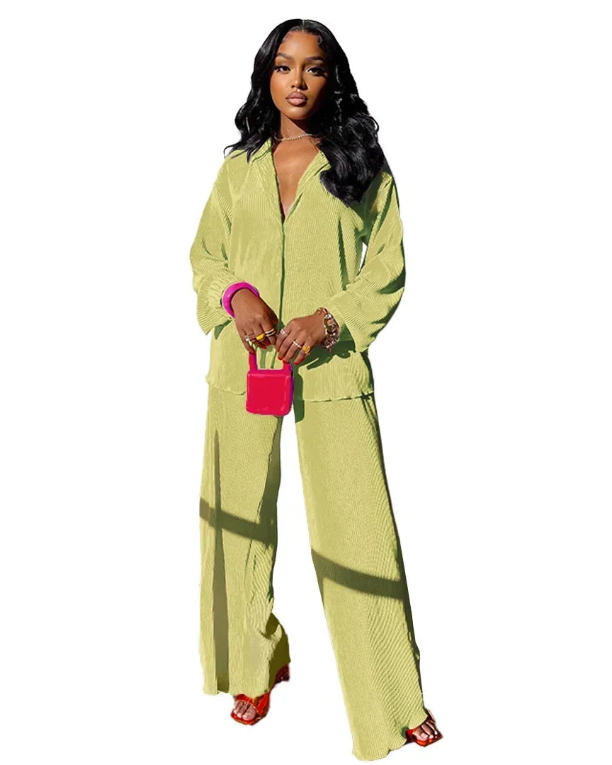 Long Sleeve Shirt & Wide Leg Pants Two-Piece Tracksuit