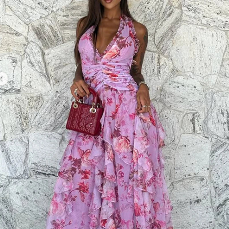 Deep V-Neck Halter Print Slim Party Maxi Dress