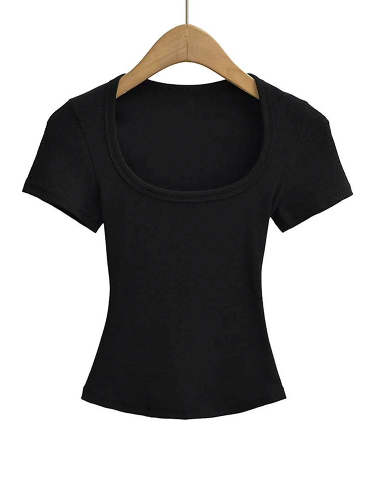 Square Neck Slim Fit Crop Top | High Stretch Short Sleeve Blouse
