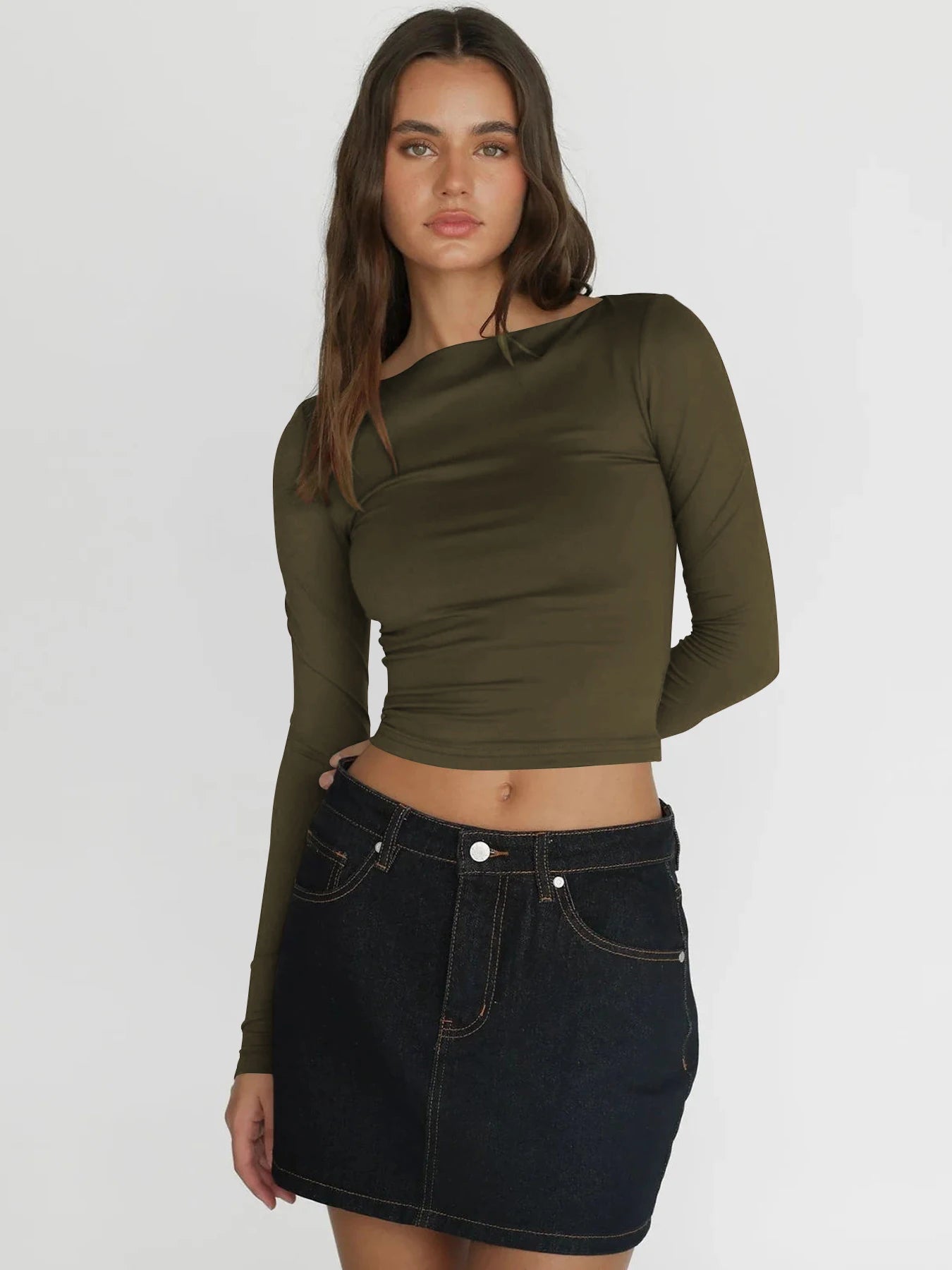 Y2K Long Sleeve Crop Top | O-Neck Skinny Pullover