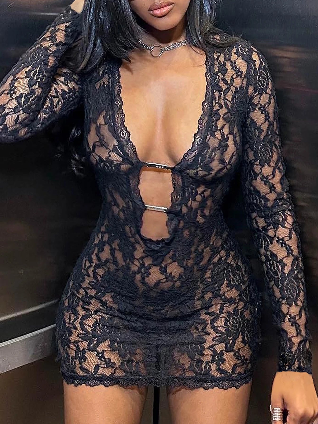 Lace Low Neck Hollow Out Long Sleeve Bodycon Mini Dress