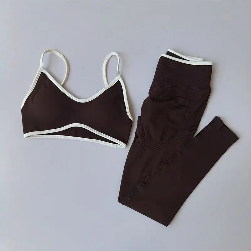 Strappy Contrast Yoga Fitness Suit | Shockproof Quick-Dry Nude Feel Set