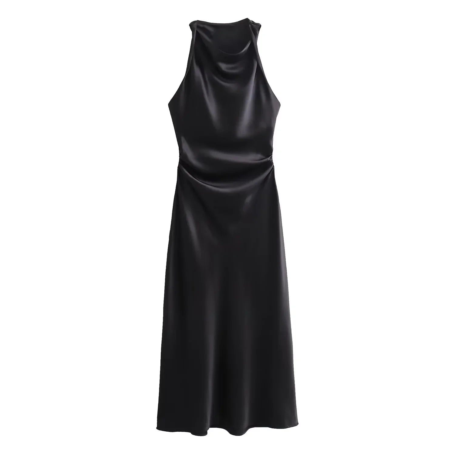 Halter Satin Slip Midi Dress | A-Line Sleeveless Summer Evening Dress