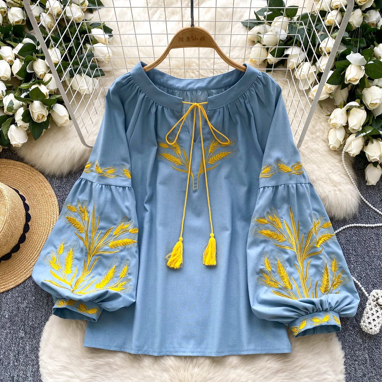 Embroidered Ethnic Lantern Sleeve Top | Retro Belted Boho Blouse