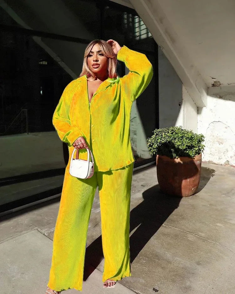 Long Sleeve Shirt & Wide Leg Pants Two-Piece Tracksuit