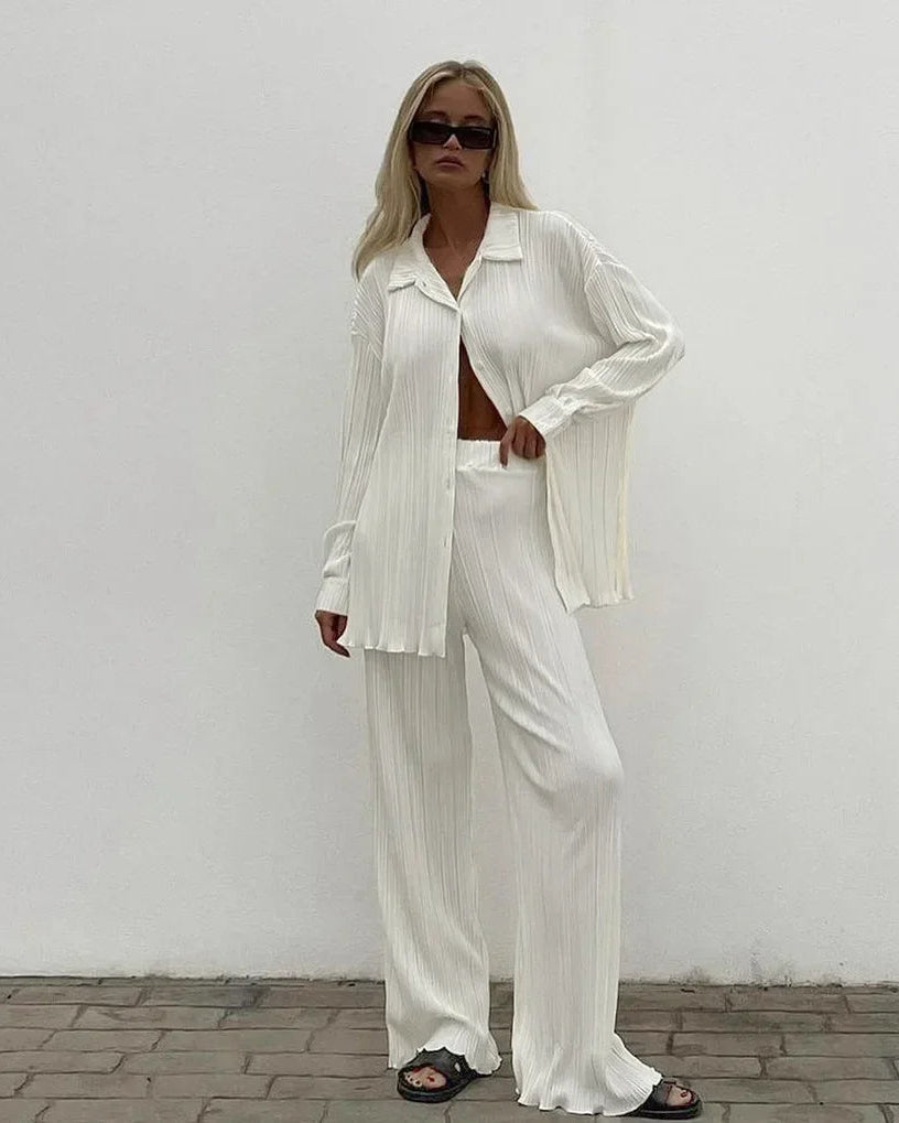 Long Sleeve Shirt & Wide Leg Pants Two-Piece Tracksuit