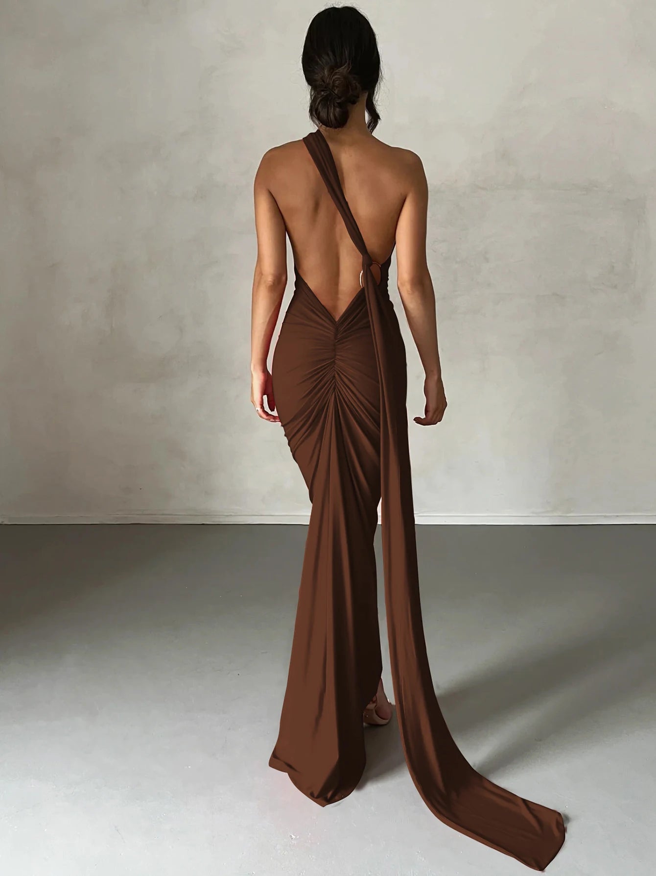 One-Shoulder Ruched Maxi Dress | Backless Scarf Loop Y2K Festival Gown