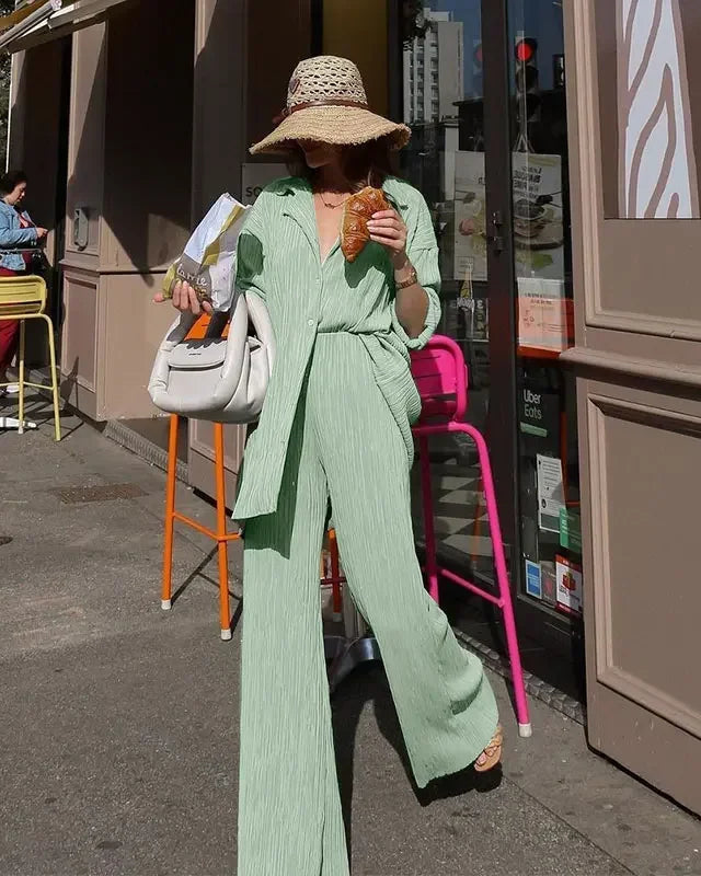 Long Sleeve Shirt & Wide Leg Pants Two-Piece Tracksuit