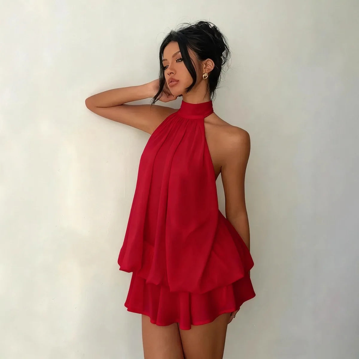 Halter Tie-Front Chiffon Sheer Backless Mini Dress
