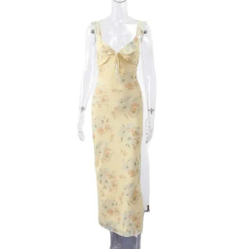 Floral Print Backless Beach Dress | V-Neck Spaghetti Strap Maxi Cami