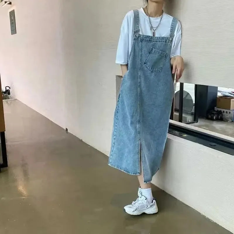 Denim Overall Dress | Sleeveless Spaghetti Strap Ankle-Length Jumper