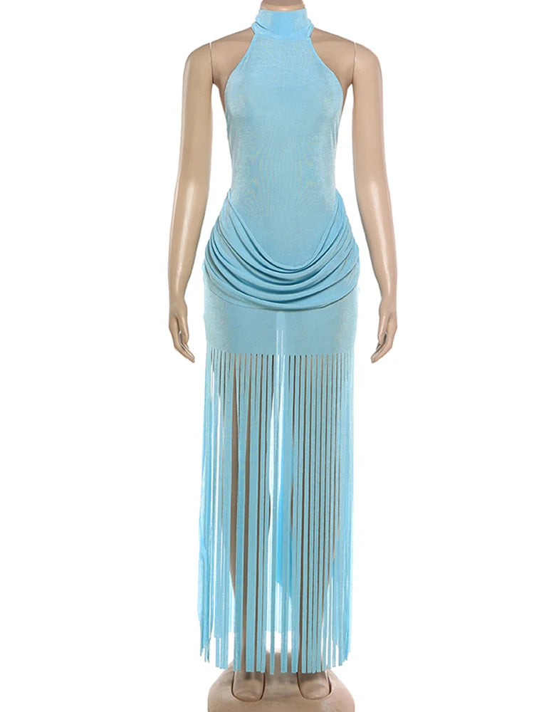 Velvet Halter Bodycon Mini Dress | Ruched Asymmetric Tassel Hem