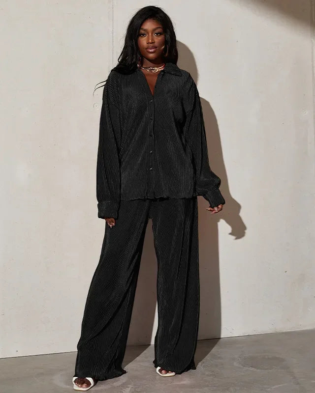 Long Sleeve Shirt & Wide Leg Pants Two-Piece Tracksuit