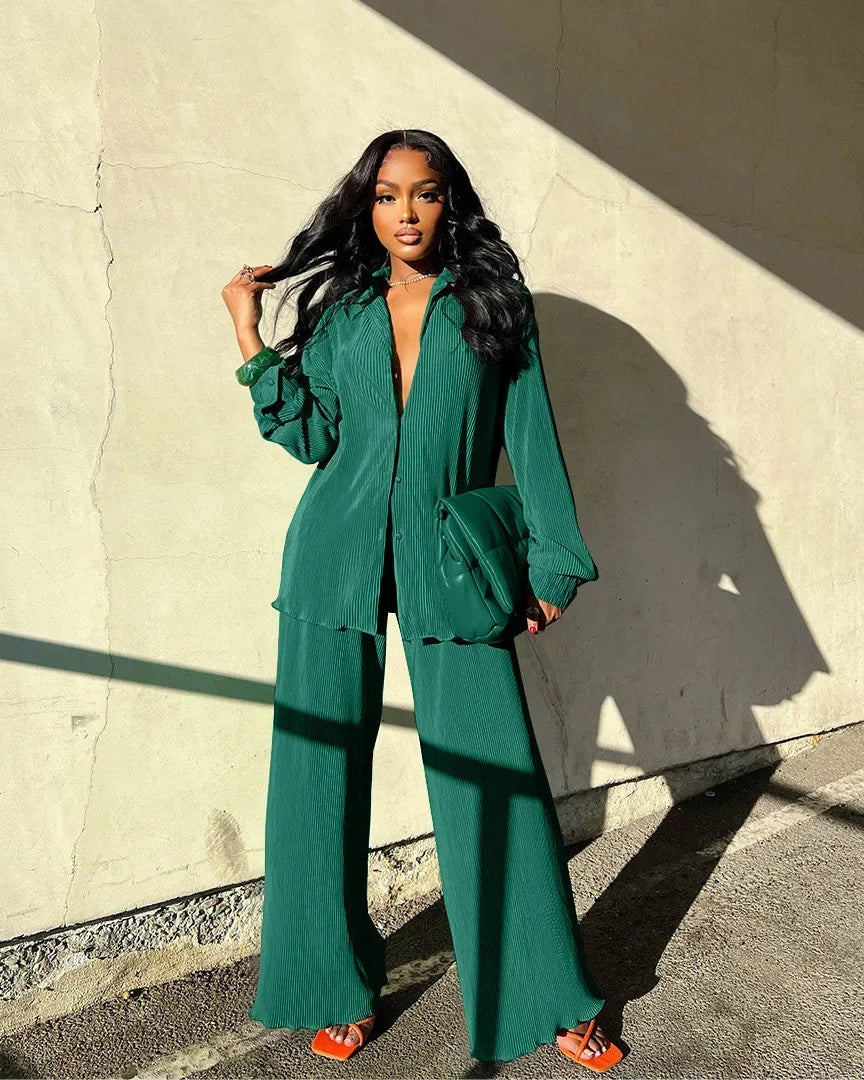 Long Sleeve Shirt & Wide Leg Pants Two-Piece Tracksuit