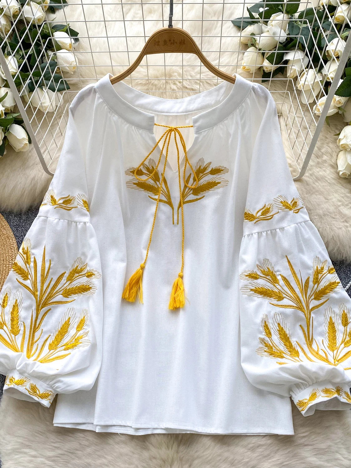 Embroidered Ethnic Lantern Sleeve Top | Retro Belted Boho Blouse