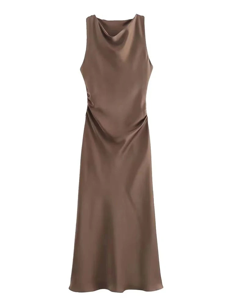 Halter Satin Slip Midi Dress | A-Line Sleeveless Summer Evening Dress