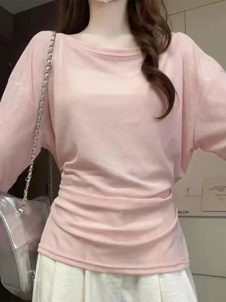 Sheer Oversized Off-Shoulder Top | Back Bandage Long Sleeve Tee