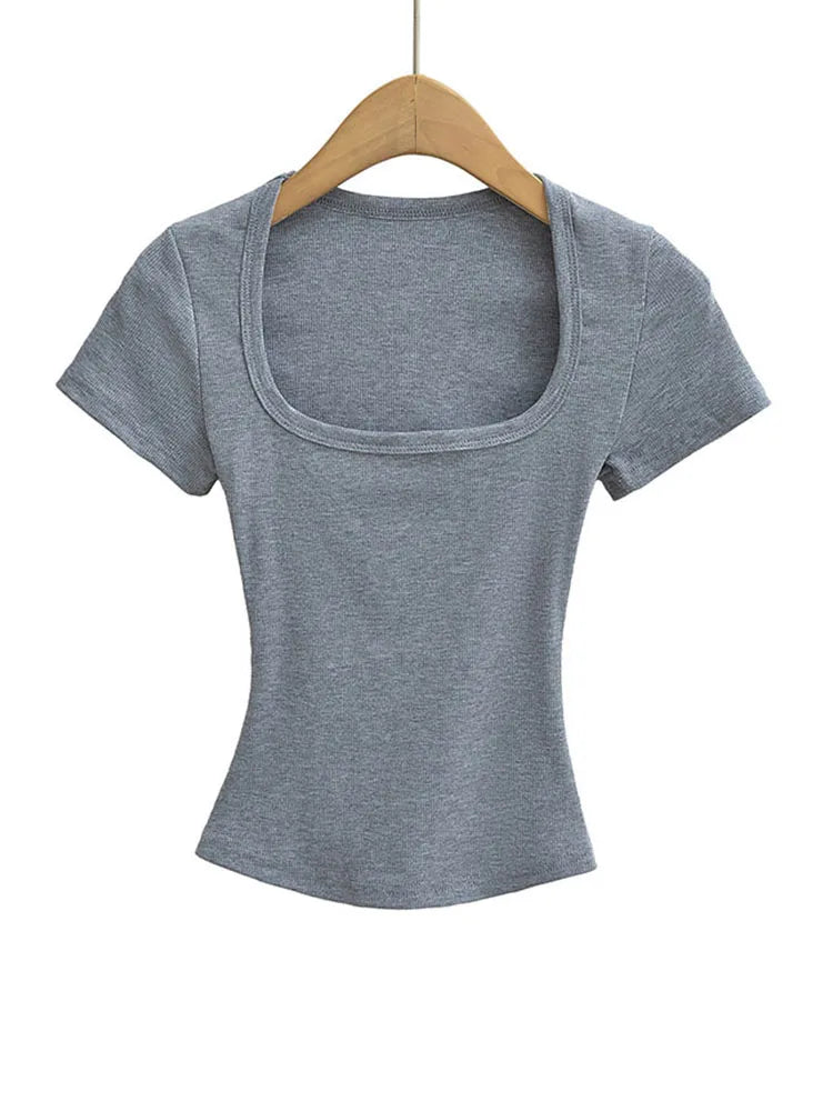 Square Neck Slim Fit Crop Top | High Stretch Short Sleeve Blouse
