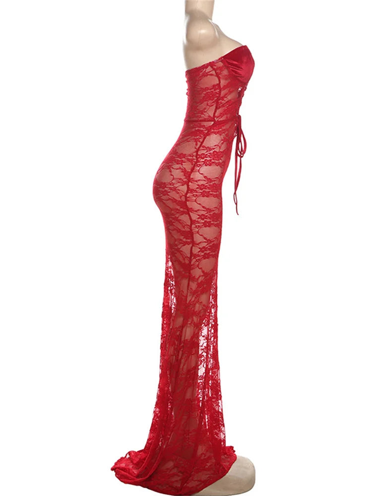 Strapless Lace Bodycon Maxi Dress | Coquette Sheath Evening Gown