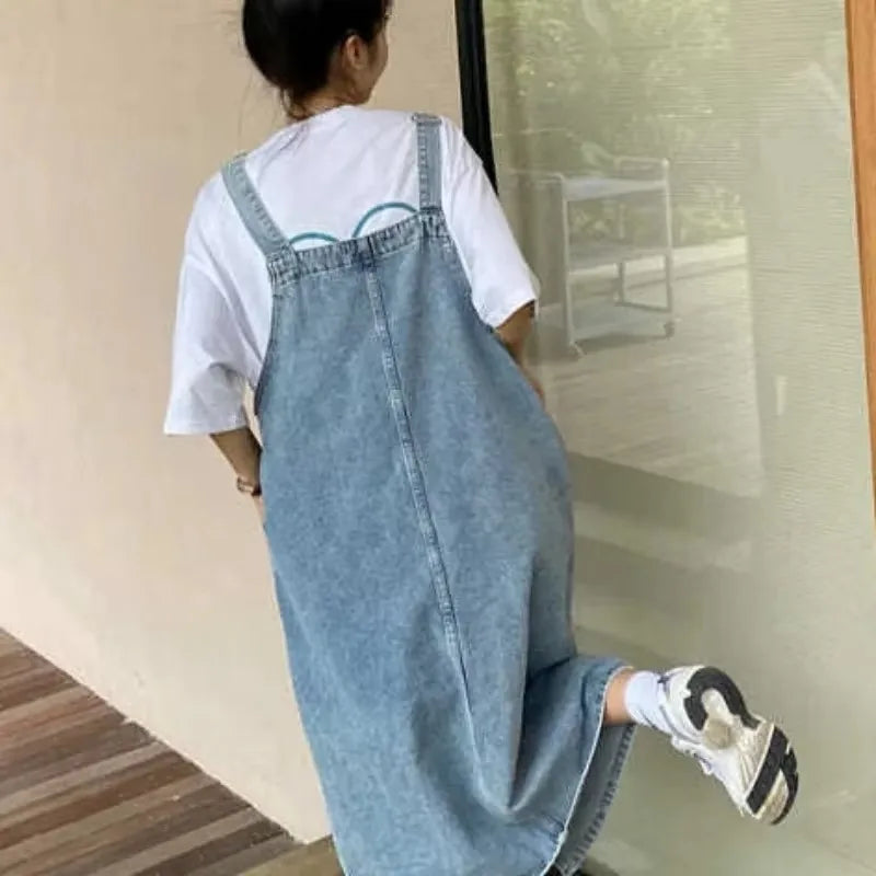 Denim Overall Dress | Sleeveless Spaghetti Strap Ankle-Length Jumper