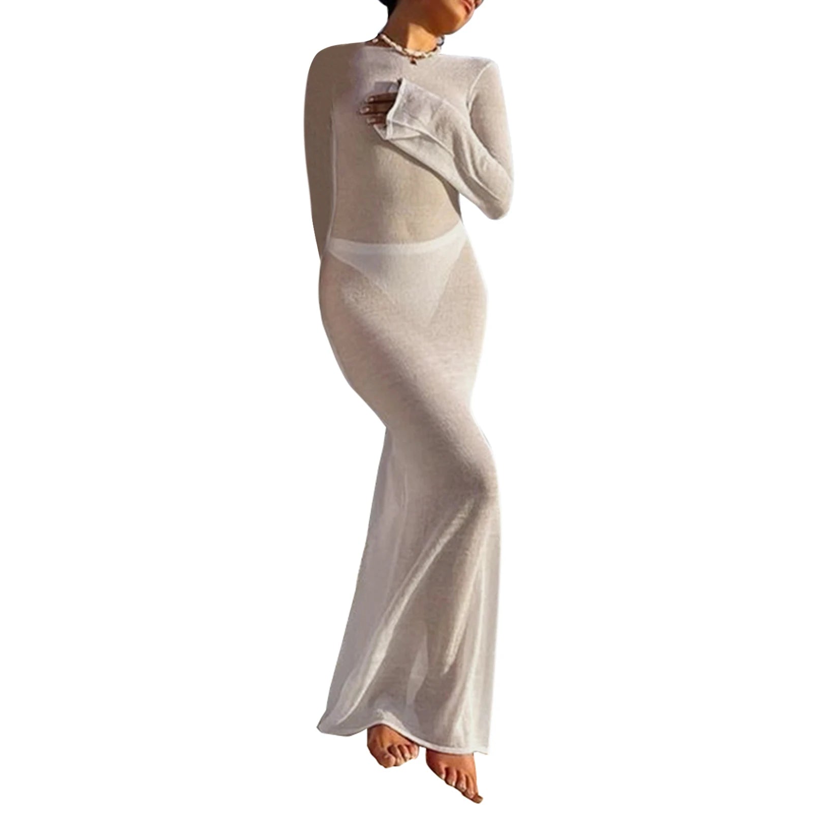 Sheer Long Sleeve Beach Cover-Up Dress | Backless Floor-Length Wrap Dress