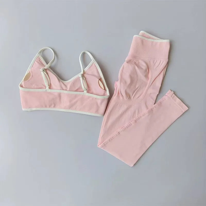 Strappy Contrast Yoga Fitness Suit | Shockproof Quick-Dry Nude Feel Set