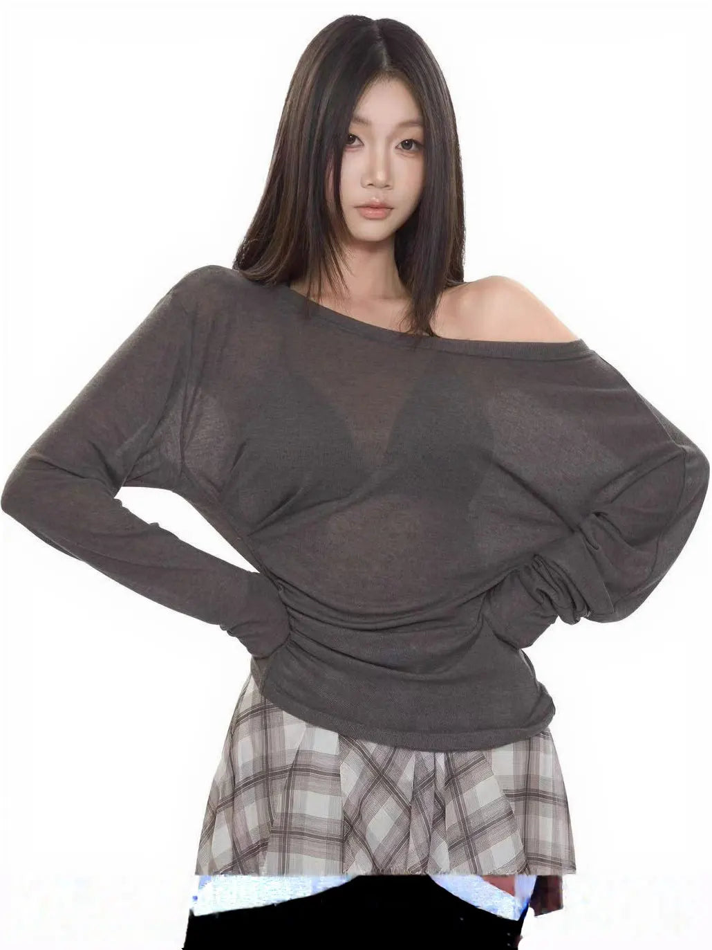 Sheer Oversized Off-Shoulder Top | Back Bandage Long Sleeve Tee