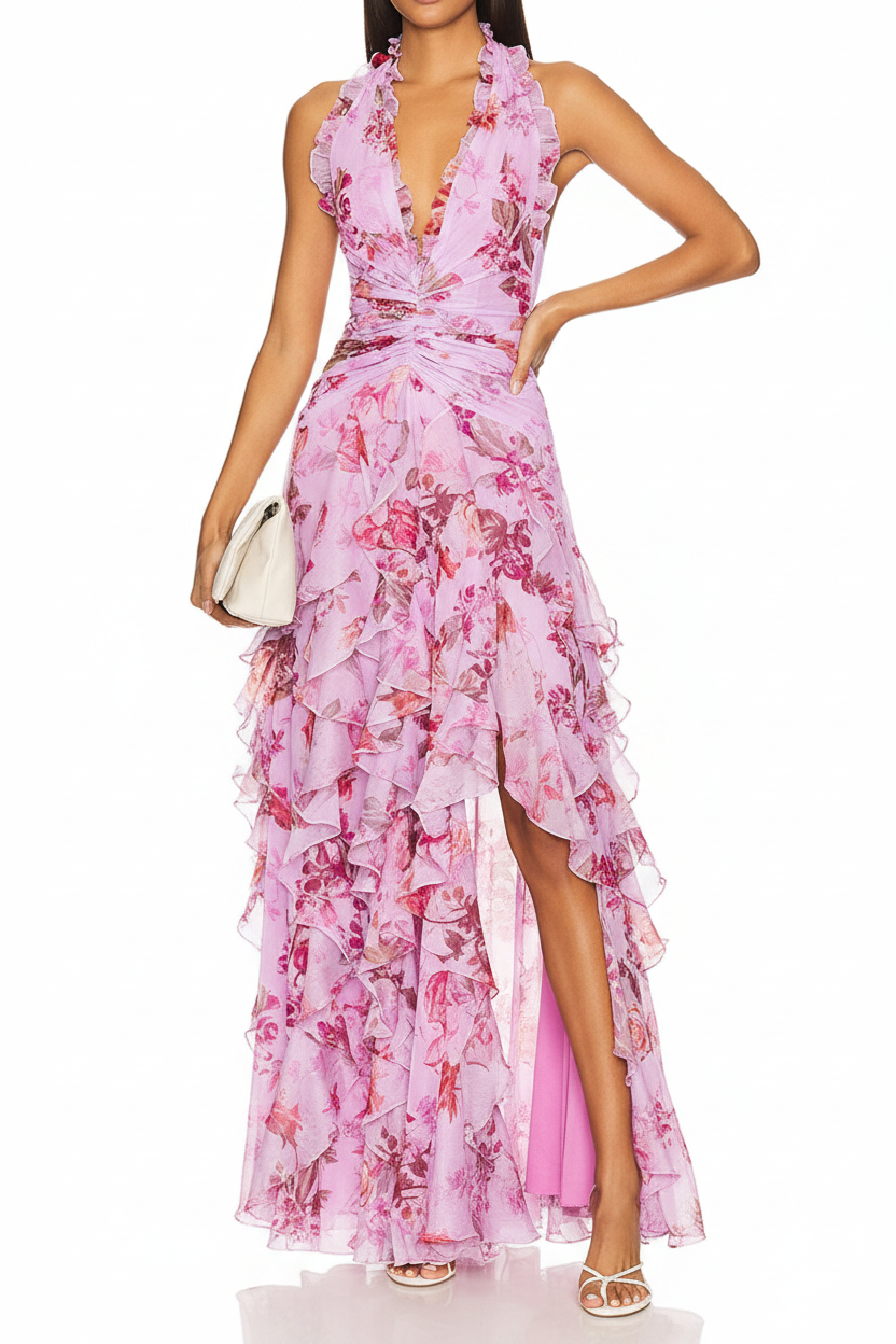 Deep V-Neck Halter Print Slim Party Maxi Dress