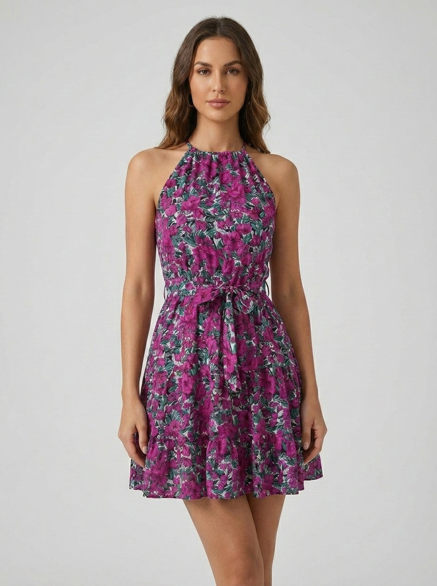 Floral Print Ruffle Halter Maxi Dress