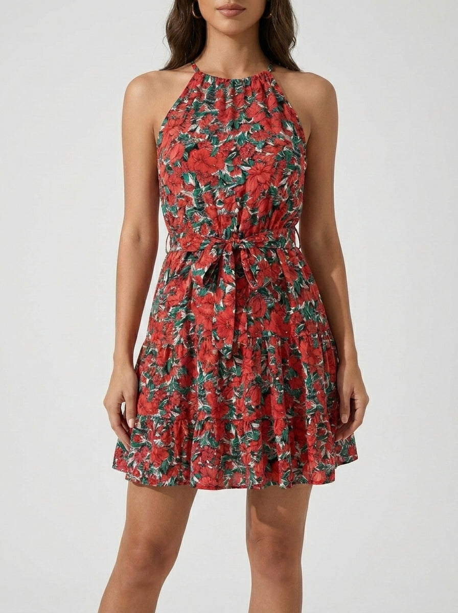 Floral Print Ruffle Halter Maxi Dress